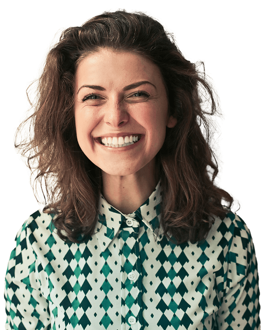 Smiling lady in green and white blouse