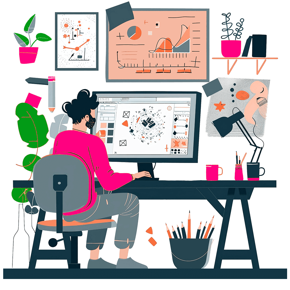 Man working at his desktop computer illustration