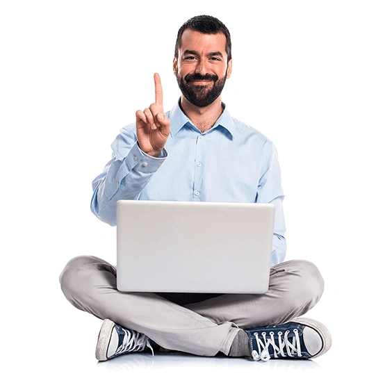 Man with laptop counting one