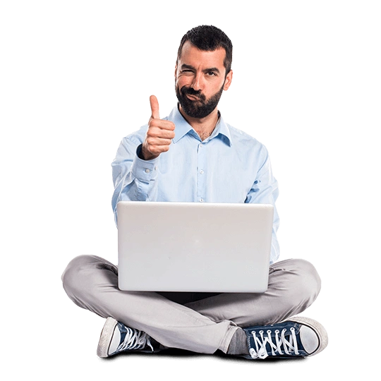 Man with laptop with thumb up